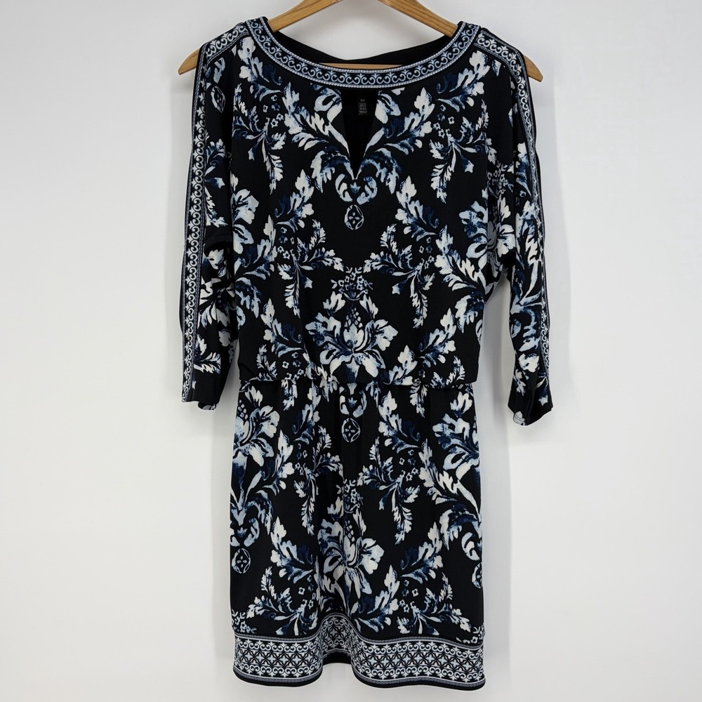 WHBM Black White Stretch Knit Dress‎ XS Blue Embroidered Career Cocktail Travel